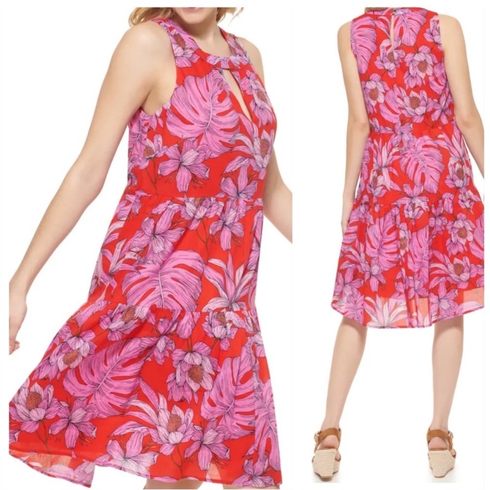 Tommy Hilfiger Gustavia Printed Tiered Sleeveless Dress red pink 12 NEW